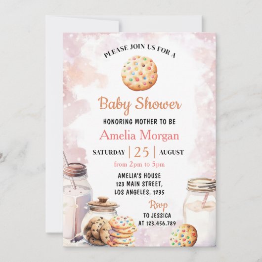 ミルクとクッキーの女の子の赤ちゃんシャワー 招待状 (正面)