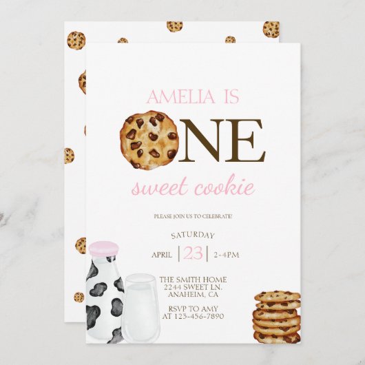 ミルクとクッキーの最初のピンクの誕生日パーティー 招待状 (正面/裏面)