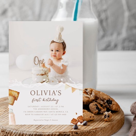 ミルクとクッキーの最初の誕生日パーティーの写真 招待状