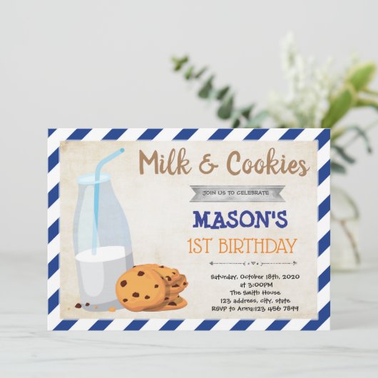 ミルクとクッキーの男の子のパーティー招待状 招待状 (スタンド正面)