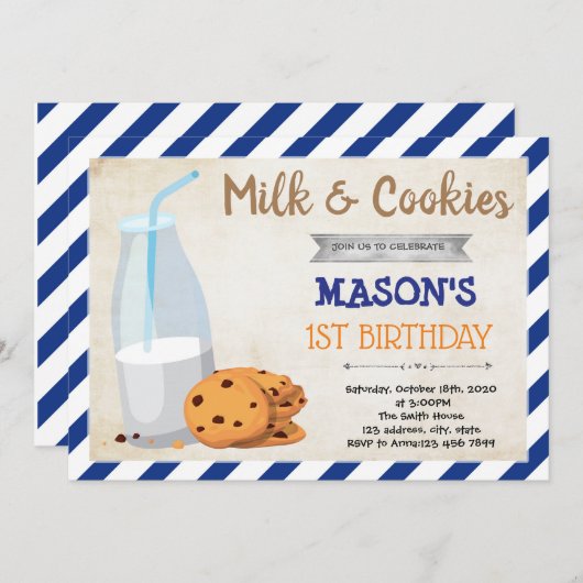 ミルクとクッキーの男の子のパーティー招待状 招待状 (正面/裏面)