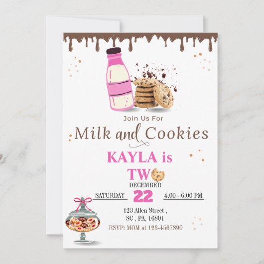 ミルクとクッキーの誕生日パーティーの女の子のための招待 招待状 (正面)