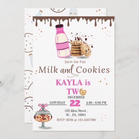 ミルクとクッキーの誕生日パーティーの女の子のための招待 招待状 (正面/裏面)