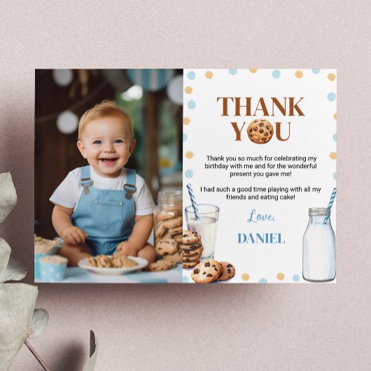 ミルクとクッキーの誕生日写真サンキューカード サンキューカード