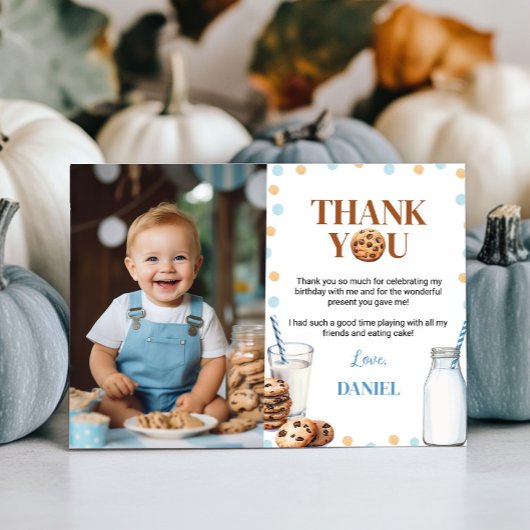ミルクとクッキーの誕生日写真サンキューカード サンキューカード