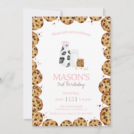 ミルクとクッキーはピンクの誕生日パーティーをクラムピンク 招待状 (正面)