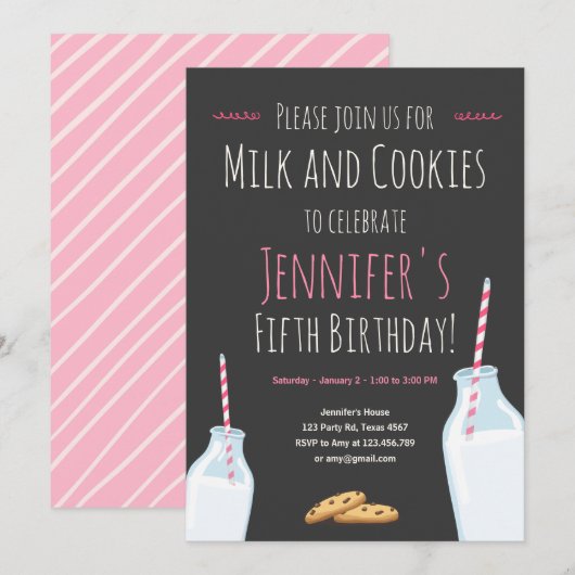 ミルクとクッキーピンクの女の子誕生パーティー 招待状 (正面/裏面)