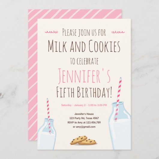 ミルクとクッキーピンクの女の子誕生パーティー 招待状 (正面/裏面)