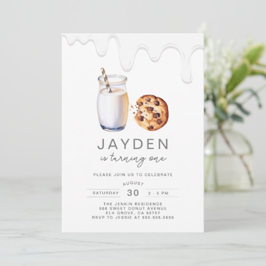 ミルクとクッキー任意の年齢の男女兼用誕生日 招待状 (スタンド正面)