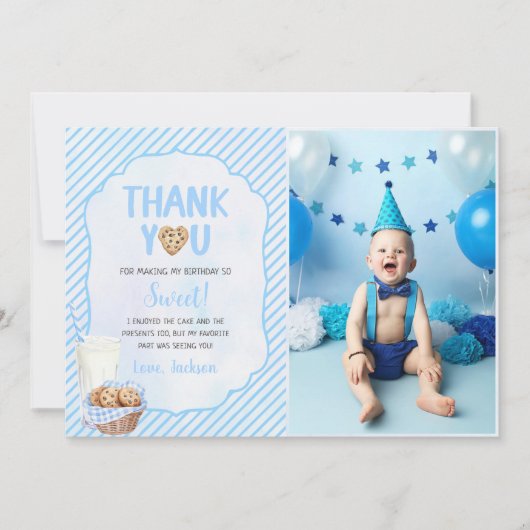 ミルクとクッキー少年の誕生日写真 サンキューカード (正面)