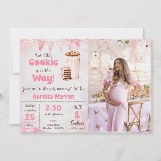 ミルクとクッキー赤ちゃん女の子シャワーパーティー写真 招待状 (正面)