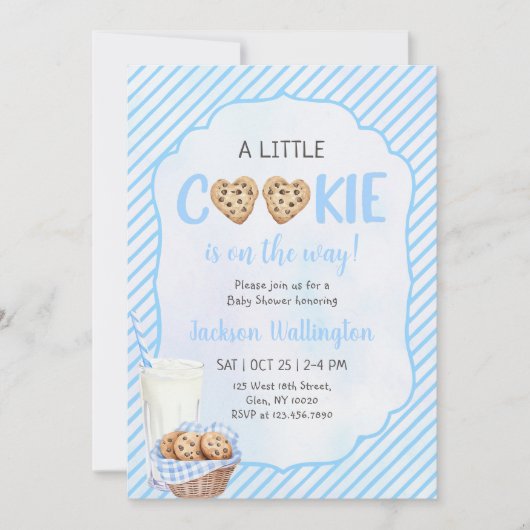 ミルクとクッキー青い男の赤ちゃんシャワーパーティー 招待状 (正面)