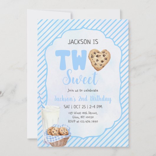ミルクとクッキー青2つの甘い2番目の誕生日パーティー 招待状 (正面)