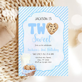ミルクとクッキー青2つの甘い2番目の誕生日パーティー 招待状