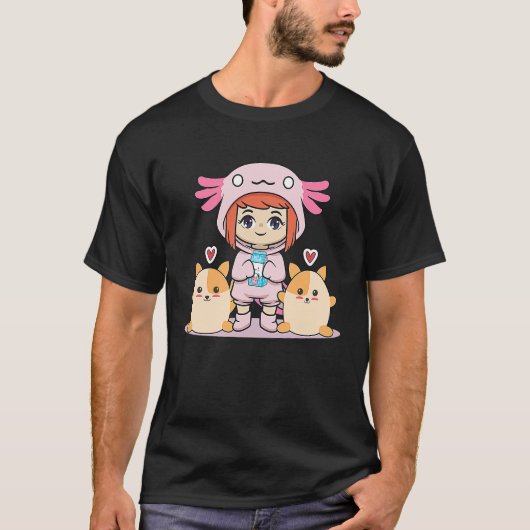 ミルクとハムスターを持つアクソロトルの女の子 Tシャツ (正面)