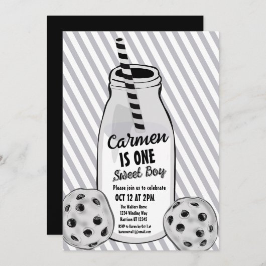 ミルクアンドクッキースイートボーイファースト誕生日 招待状 (正面/裏面)