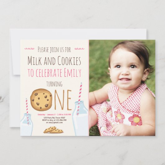 ミルクアンドクッキーパーティの招待状ガール誕生日 招待状 (正面)
