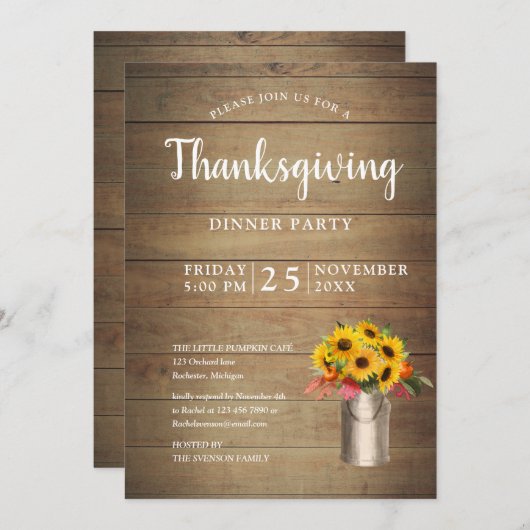 ミルクバケツ感謝祭の夕食時のヒマワリ 招待状 (正面/裏面)