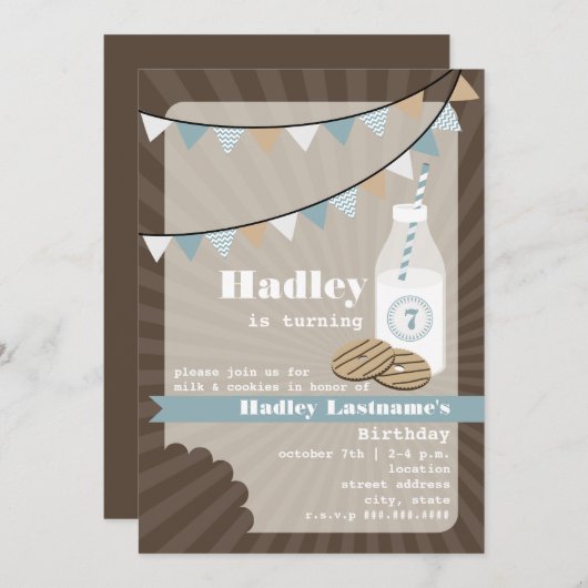 ミルク及びクッキーの誕生日-ストライプので及び青いファッジ 招待状 (正面/裏面)