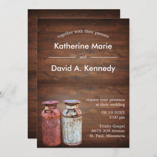 ミルク缶カントリーウェディング素朴オールドファーム予算 招待状 (正面/裏面)