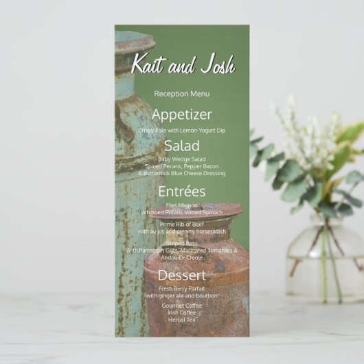 ミルク缶ヴィンテージ金属素朴アンティークモノグラム メニュー (スタンド正面)