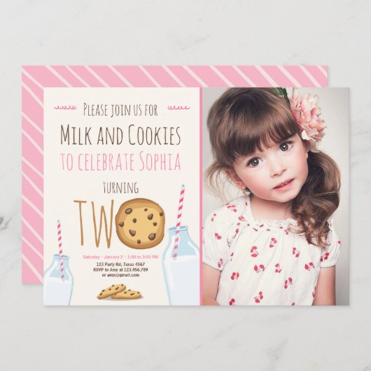 ミルク&クッキーガールピンクセカンド誕生日 招待状 (正面/裏面)