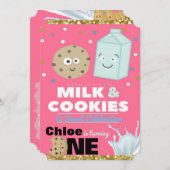 ミルク&クッキーピンク&金ゴールドグリッター| 1歳の誕生日 招待状 (正面/裏面)