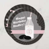 ミルク&クッキー誕生日チョコレートラウンドピンク 招待状 (正面/裏面)