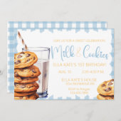 ミルク&クッキー誕生日ブループレイドボーイ1st誕生日 招待状 (正面/裏面)