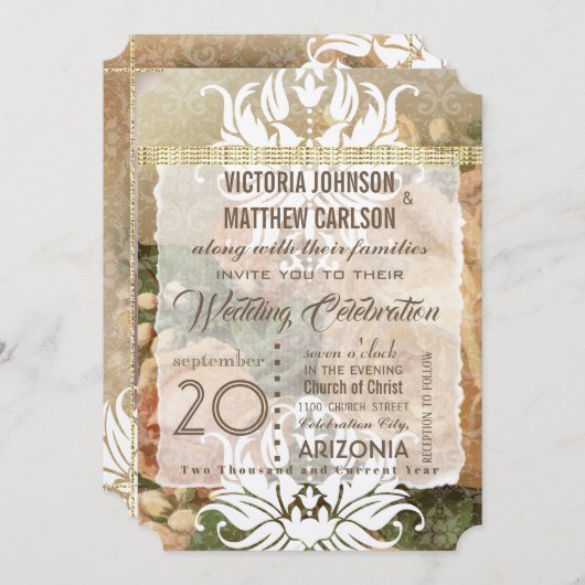 ミレニアルピンクローズ金ゴールド写真結婚式招待状 招待状 (正面/裏面)