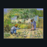 ミレーに倣った第一歩 (Vincent van Gogh) ポストカード<br><div class="desc">ミレーに倣った第一歩 (Vincent van Gogh)は、ポスト印象派の巨匠ヴィンセント・ファン・ゴッホによる、日常の生活を描いた素朴な印象を与える油彩画である。農民の親子が、子どもの初めての一歩に立ち会い、背景には彼らの小さな家が、庭には野菜が植えられている。

画家について:
ヴィンセント・ウィレム・ファン・ゴッホは、ポスト印象派の画家であり、その作品は、荒々しい美しさ、感情の誠実さ、そして大胆な色彩で知られている。</div>