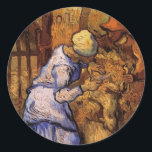 ミレー「羊の毛刈り」より（フィンセント・ファン・ゴッホ） ラウンドシール<br><div class="desc">フィンセント・ファン・ゴッホによる『羊の毛刈り』（ミレーより）は、素朴な農民が羊の毛を刈る様子を描いた、印象派後の日常風景の人物画である。

画家について：
フィンセント・ウィレム・ファン・ゴッホは、荒々しい美しさ、感情的な誠実さ、大胆な色彩で知られるポスト印象派の画家である。</div>