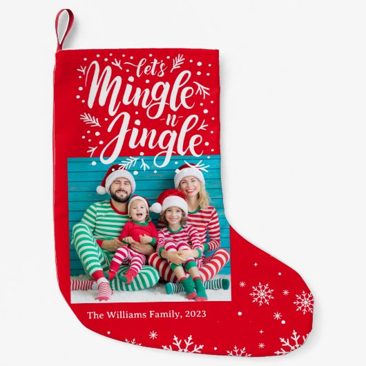 ミングルとジャングル、雪片ファミリーの写真の赤を許可 スモールクリスマスストッキング (正面)