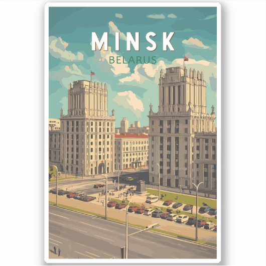 ミンスクベラルーシイラストレーショントラベルアートヴィンテージ シール (正面)