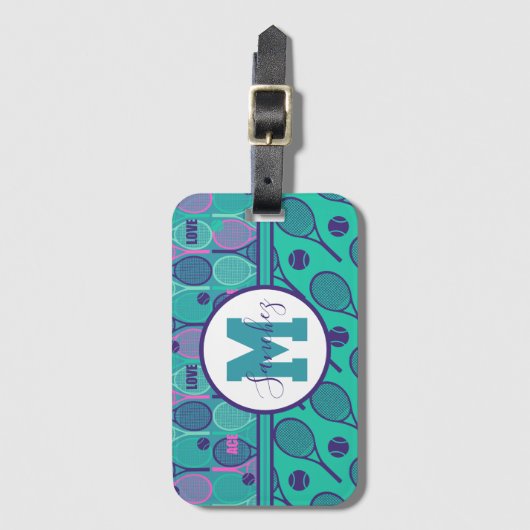 ミンティと紫のテニスラケットの名前  ラゲッジタグ (正面縦)