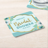 ミントおよびフェイク金ゴールドフローラブライダルシャワー スクエアペーパーコースター (アングル)