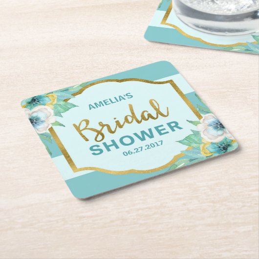 ミントおよびフェイク金ゴールドフローラブライダルシャワー スクエアペーパーコースター (アングル)