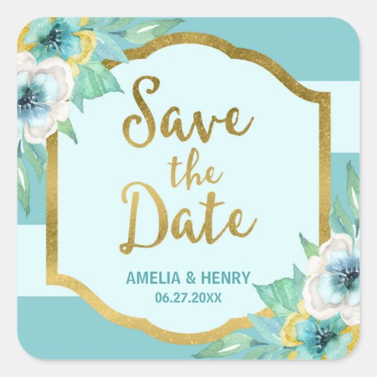 ミントおよびフェイク金ゴールドフローラ日付の保存 スクエアシール (正面)