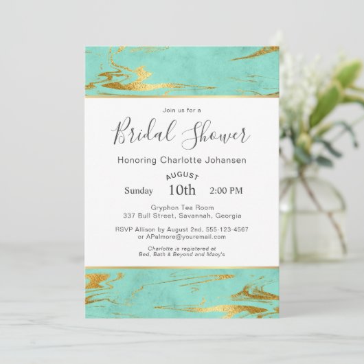 ミントおよび金ゴールドフェイクフォイルブライダルシャワー 招待状 (スタンド正面)