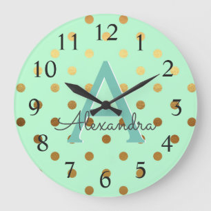 ミントおよび金ゴールドホイルの水玉模様のモノグラムの名前 ラージ壁時計