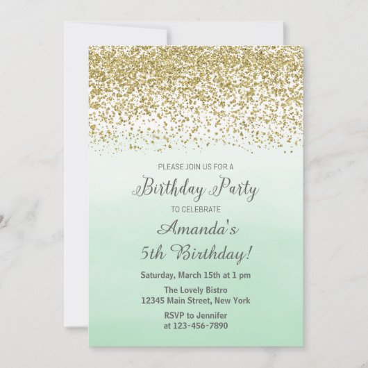 ミントおよび金ゴールド誕生日招待状 招待状 (正面)