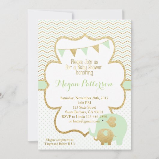 ミントおよび金ゴールド象のベビーシャワーの招待状 招待状 (正面)