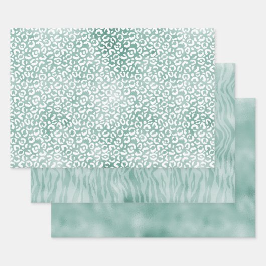 ミントかわいらしアニマルプリント ラッピングペーパーシート (セット)