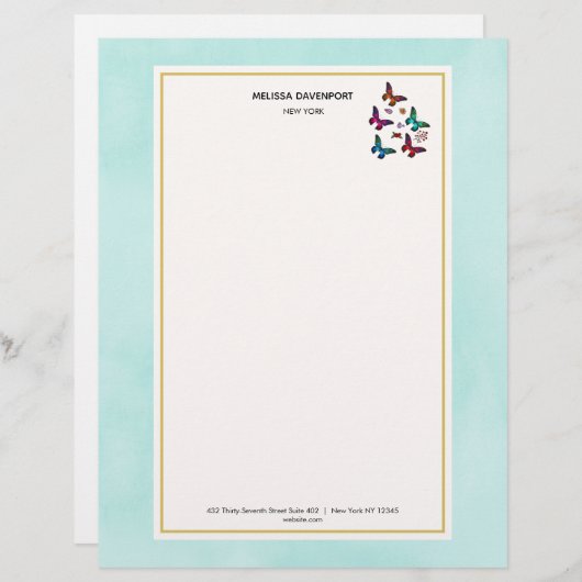 ミントかわいらしグリーンに宝石の色の蝶 レターヘッド (正面/裏面)