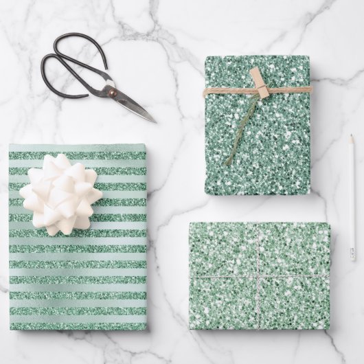 ミントかわいらしグリーングリッターグラデーションストライプ ラッピングペーパーシート (正面)