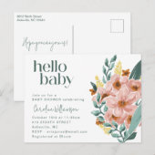 ミントかわいらしセージピンクフローラハローベビーシャワー ポストカード (正面/裏面)