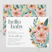ミントかわいらしセージピンクフローラハローベビーシャワー 招待状 (正面/裏面)