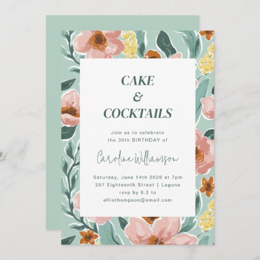 ミントかわいらしセージ赤面ピンクフローラ誕生日パーティー 招待状 (正面/裏面)