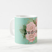 ミントかわいらしピンクローズフローラ金ゴールドグリッター コーヒーマグカップ (正面左)