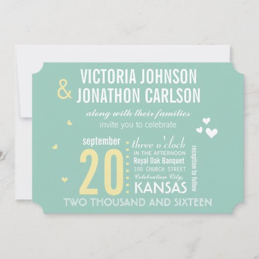 ミントとイエローモダンタイポグラフィ結婚ズ 招待状 (正面)